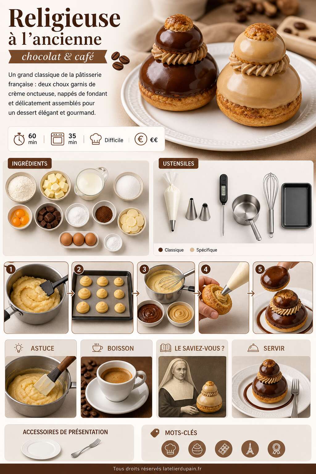 Fiche recette Recette de la religieuse à l'ancienne au chocolat et au café Fiche recette Recette de la religieuse à l'ancienne au chocolat et au café