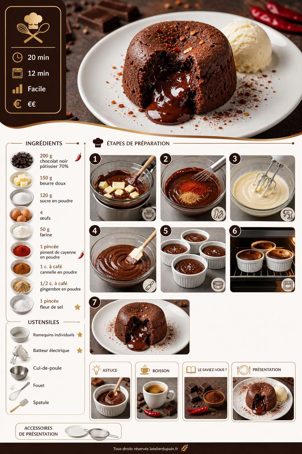 Fiche recette Recette de c&oelig;urs fondants au chocolat &eacute;pic&eacute;