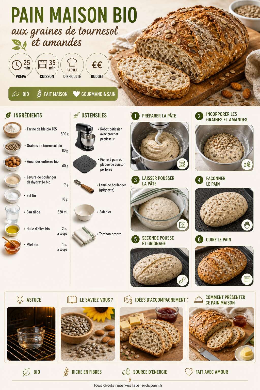 Fiche recette Recette de pains maison bio aux graines de tournesol et amandes