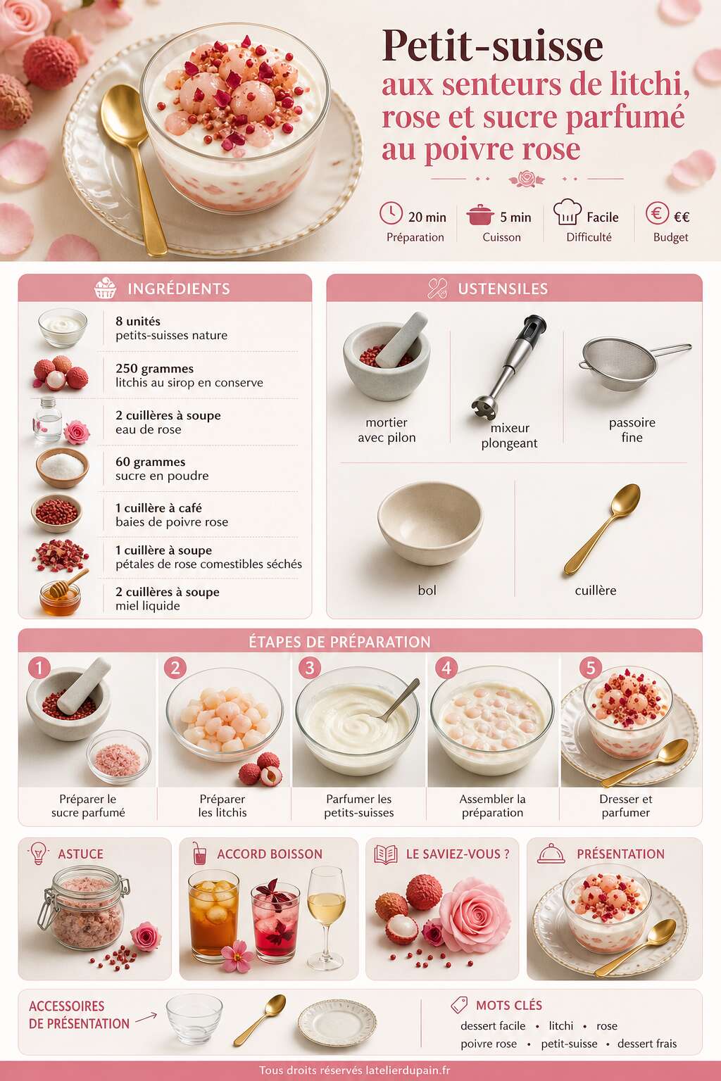 Fiche recette Recette de petit-suisse aux senteurs de litchi, rose et sucre parfum&eacute; au poivre rose