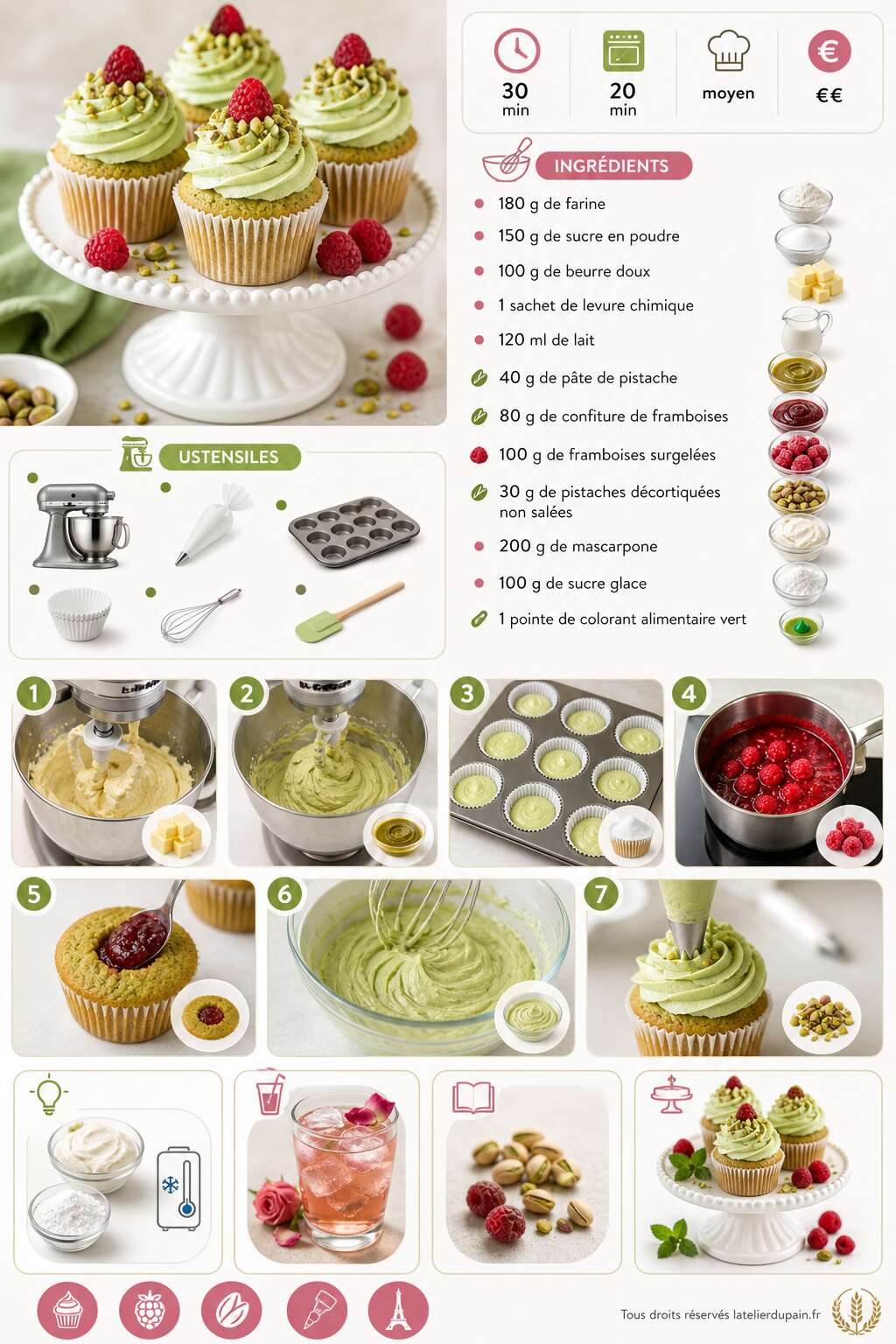 Fiche recette Recette de cupcakes framboises et pistaches Fiche recette Recette de cupcakes framboises et pistaches
