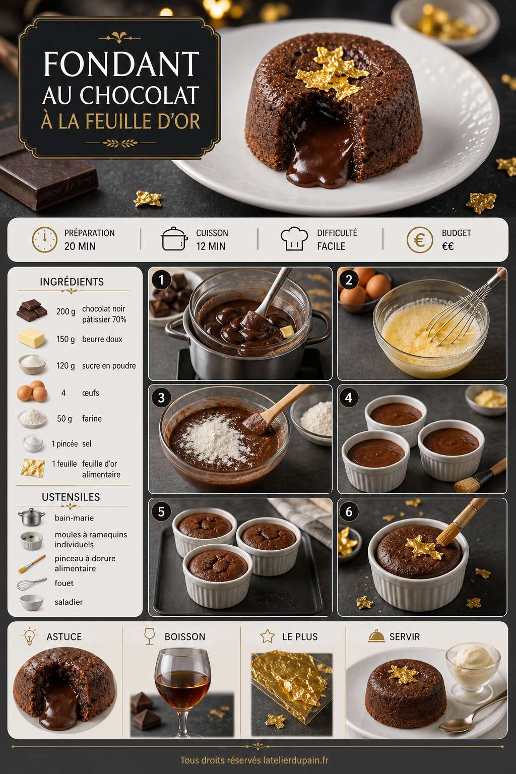 Fiche recette Recette du fondant au chocolat à la feuille d'or Fiche recette Recette du fondant au chocolat à la feuille d'or
