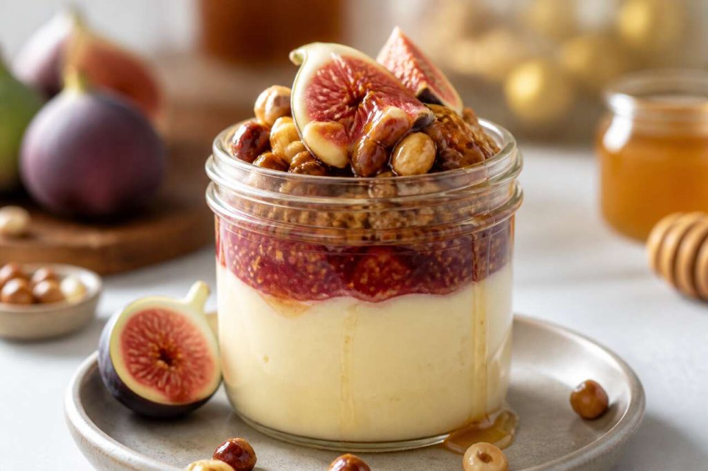 Recette de verrine de mousse au miel, compotée de figues et confit de noisettes
