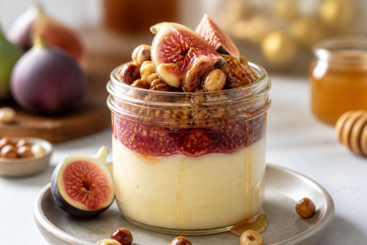 Recette de verrine de mousse au miel, compotée de figues et confit de noisettes