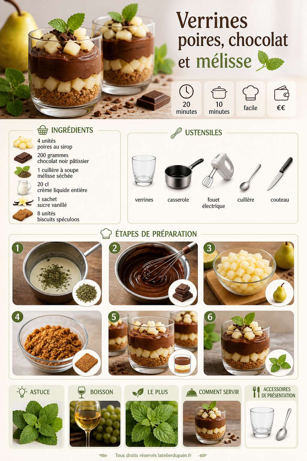 Fiche recette Recette de verrines poires, chocolat et m&eacute;lisse