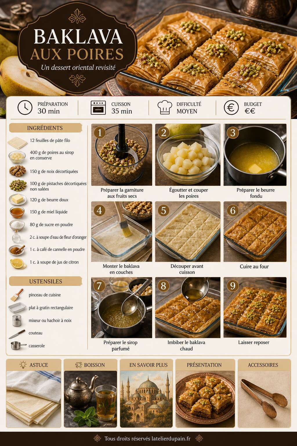 Fiche recette Recette de baklava aux poires : un dessert oriental revisité Fiche recette Recette de baklava aux poires : un dessert oriental revisité