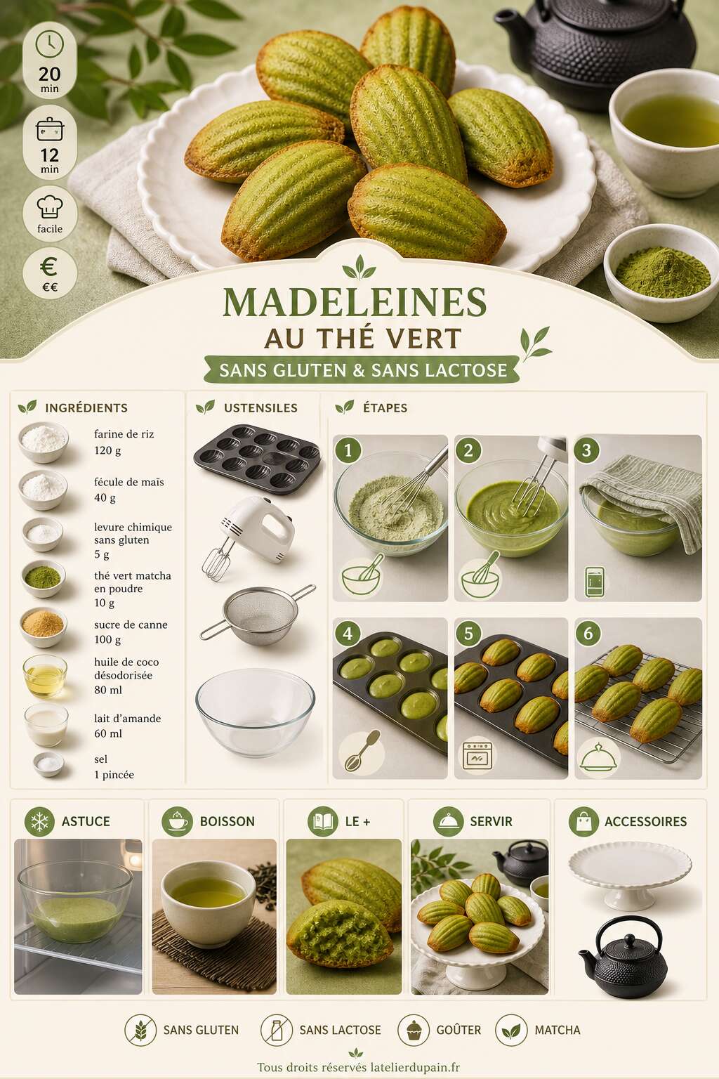 Fiche recette Recette de madeleines au th&eacute; vert sans gluten et sans lactose