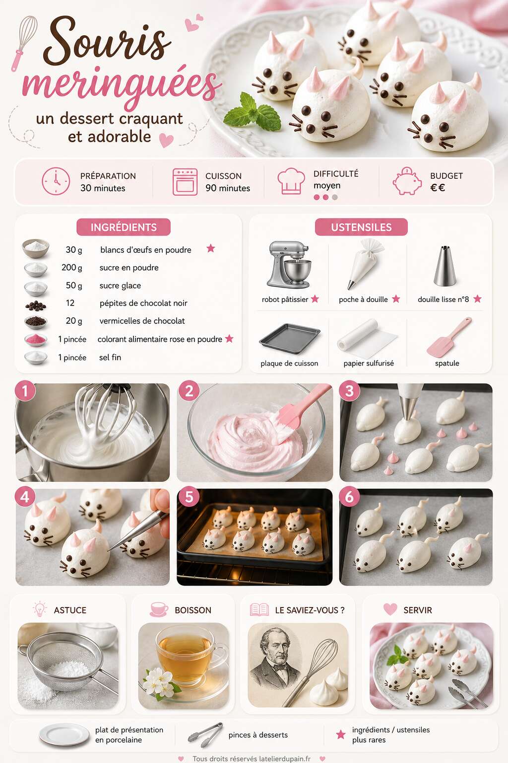 Fiche recette Recette de souris meringu&eacute;es : un dessert craquant et adorable