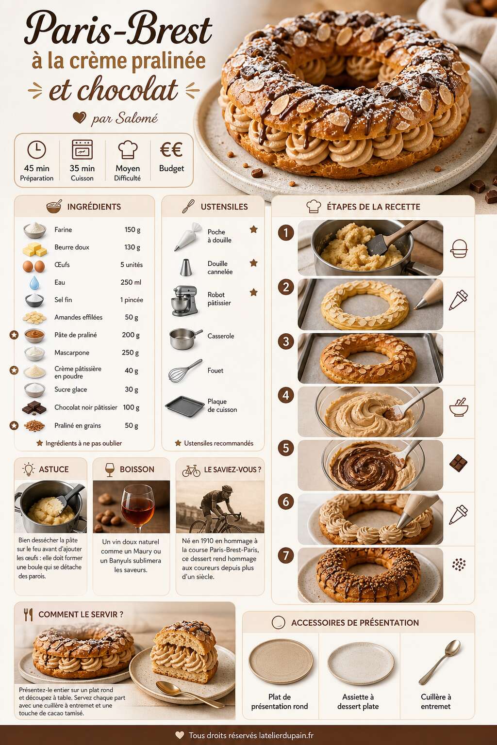 Fiche recette Paris-brest &agrave; la cr&egrave;me pralin&eacute;e et chocolat : la recette gourmande de Salom&eacute;