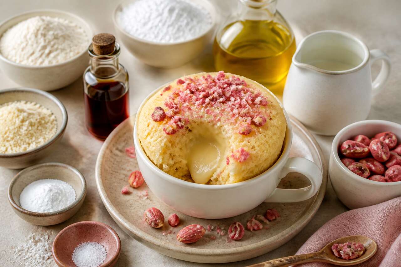 Recette de mug cake aux pralines roses, amande et vanille
