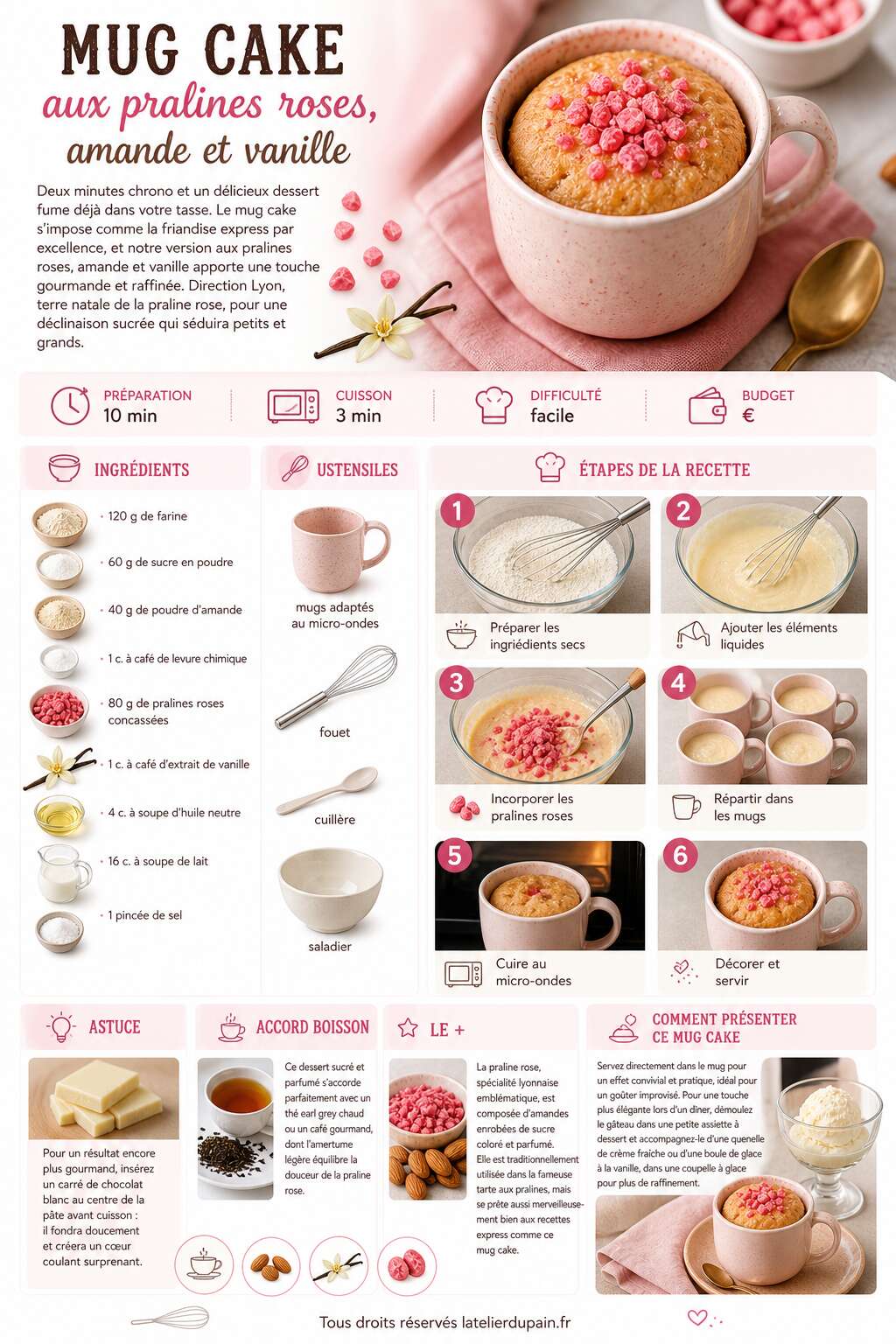 Fiche recette Recette de mug cake aux pralines roses, amande et vanille