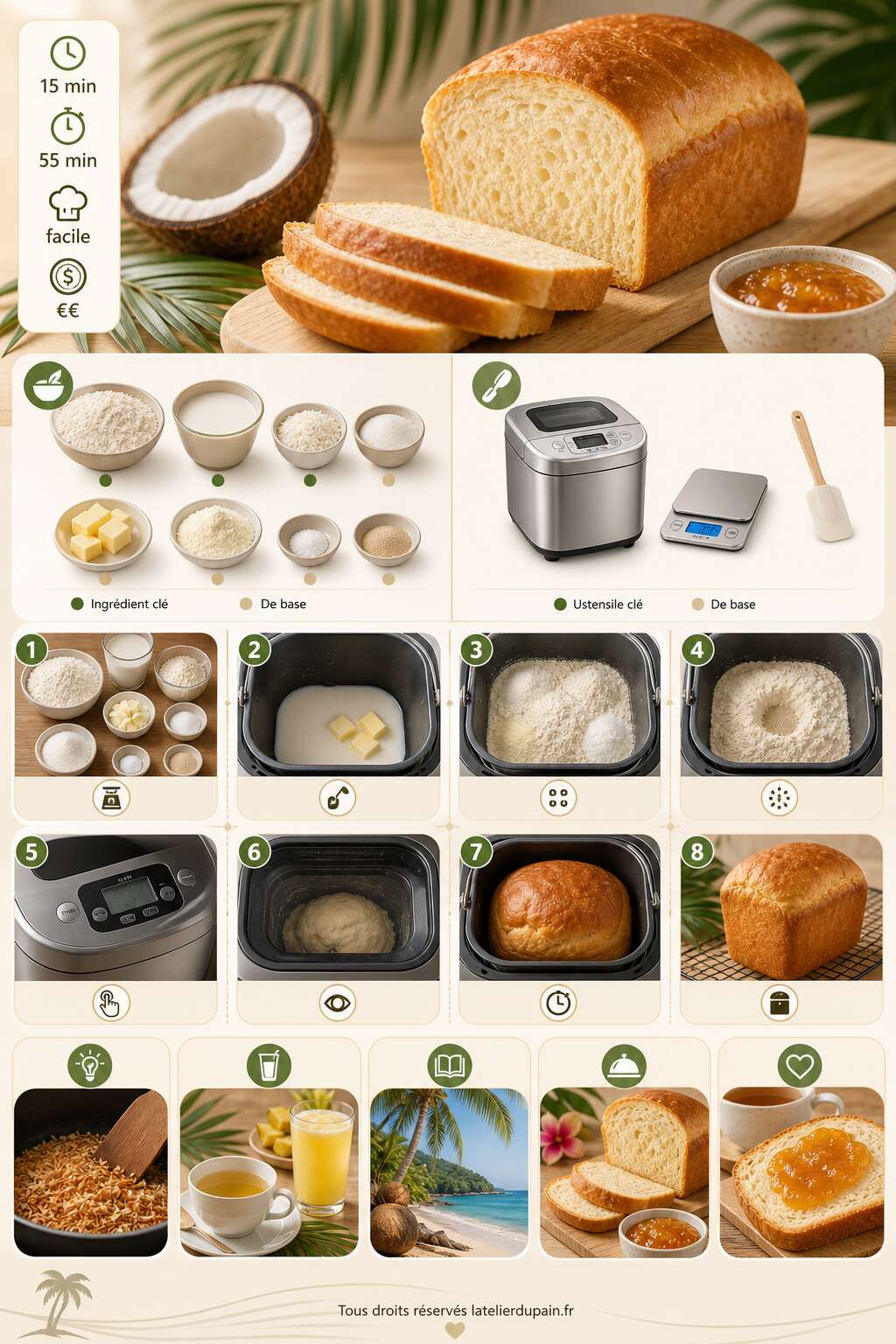 Fiche recette Pain au lait de coco en machine à pain : une recette moelleuse et exotique Fiche recette Pain au lait de coco en machine à pain : une recette moelleuse et exotique