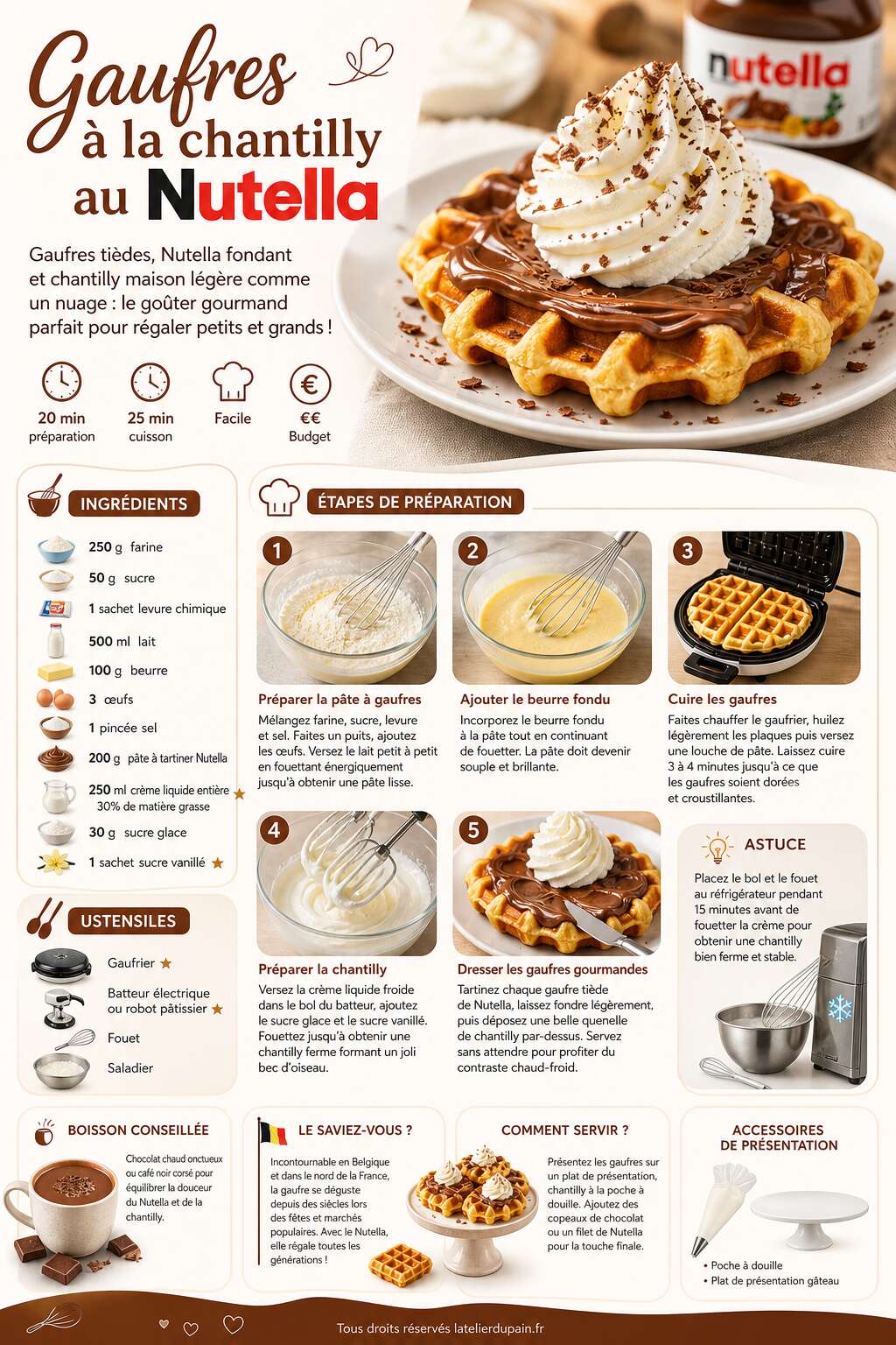 Fiche recette Recette de gaufres à la chantilly au Nutella Fiche recette Recette de gaufres à la chantilly au Nutella