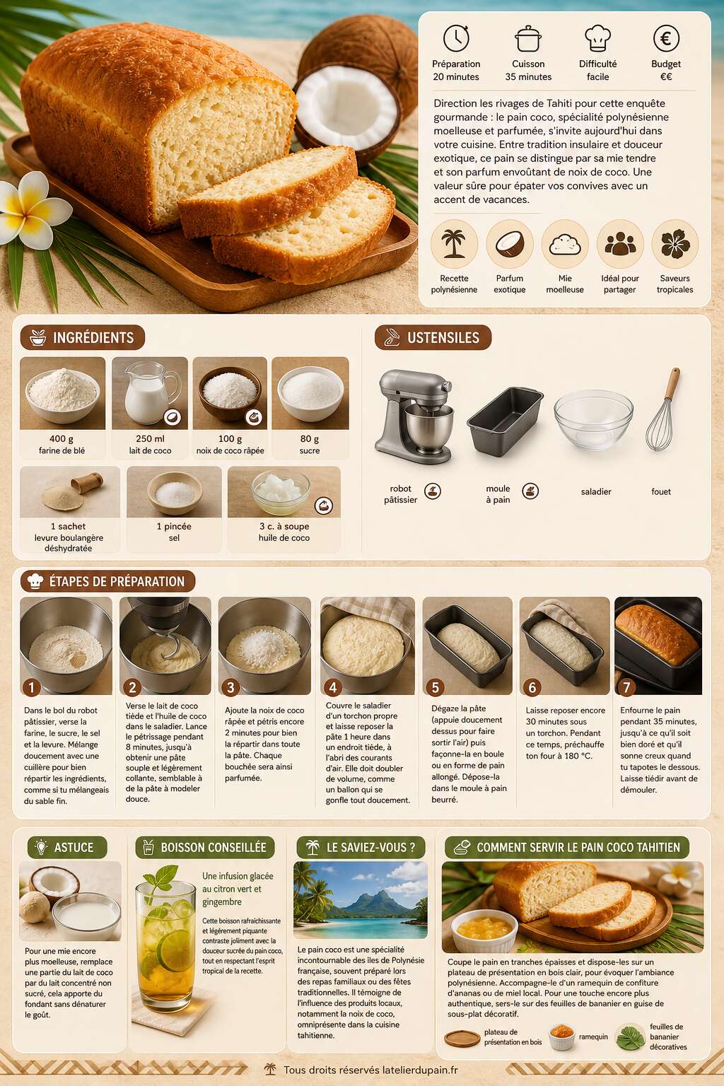 Fiche recette Recette du pain coco tahitien moelleux et parfumé Fiche recette Recette du pain coco tahitien moelleux et parfumé
