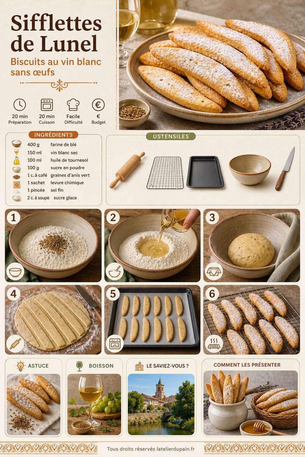 Fiche recette Recette des sifflettes de Lunel : biscuits au vin blanc sans œufs Fiche recette Recette des sifflettes de Lunel : biscuits au vin blanc sans œufs