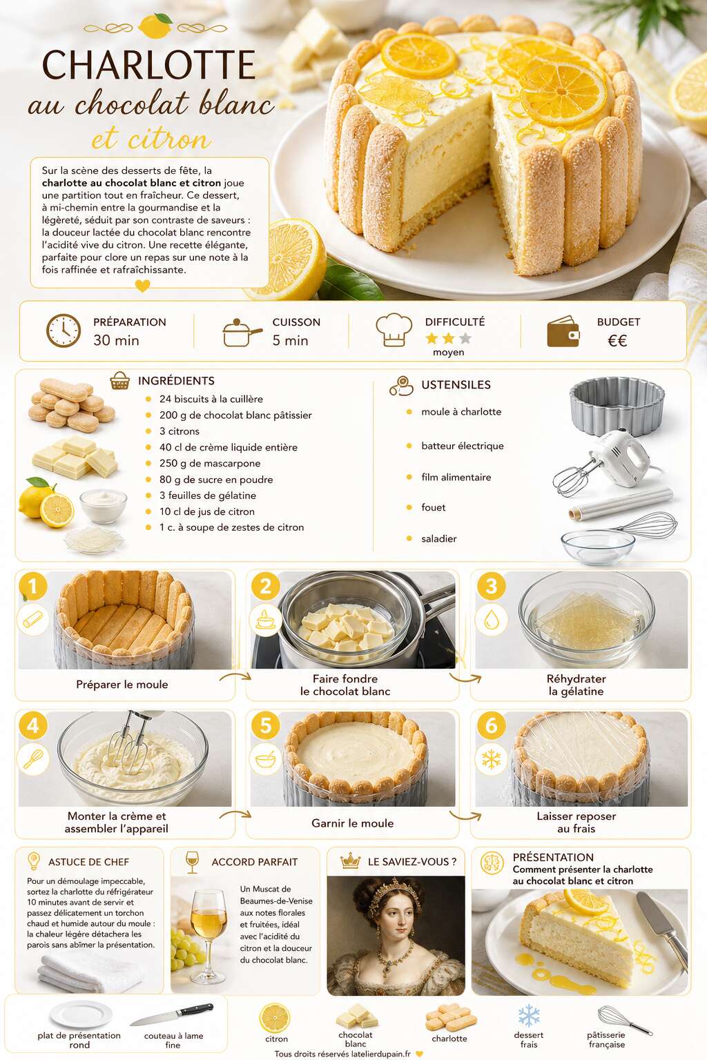 Fiche recette Recette de charlotte au chocolat blanc et citron Fiche recette Recette de charlotte au chocolat blanc et citron