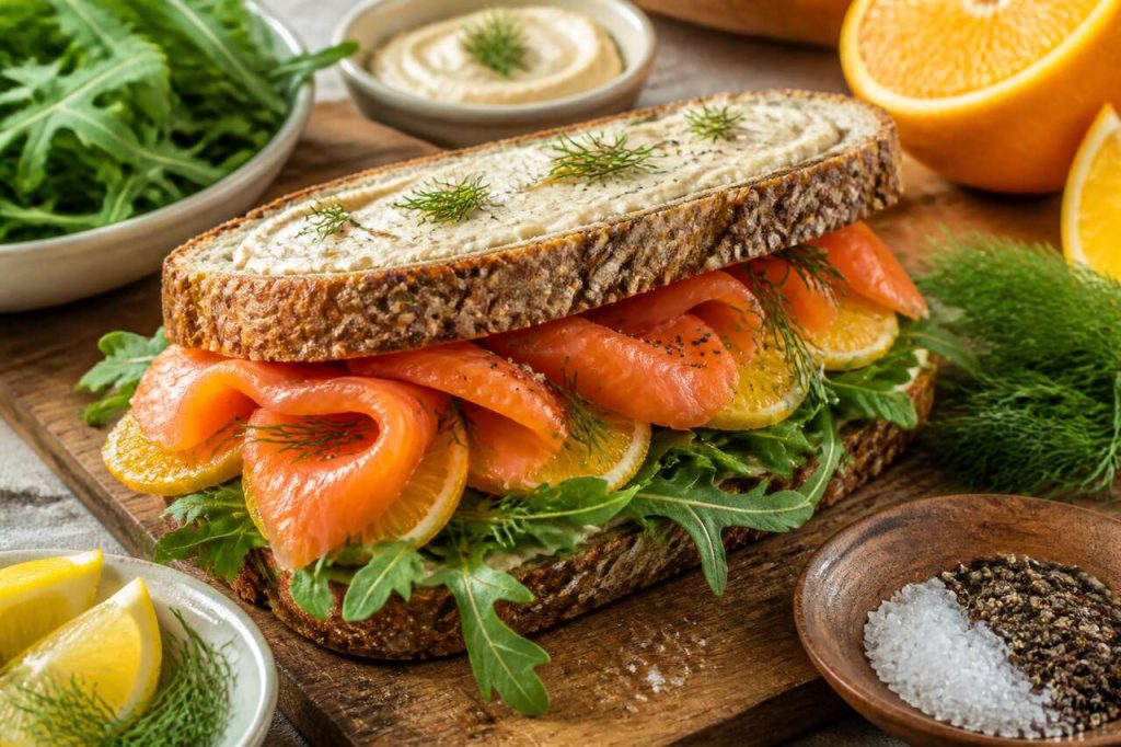 Recette de sandwichs au saumon fumé, orange et purée d'amandes