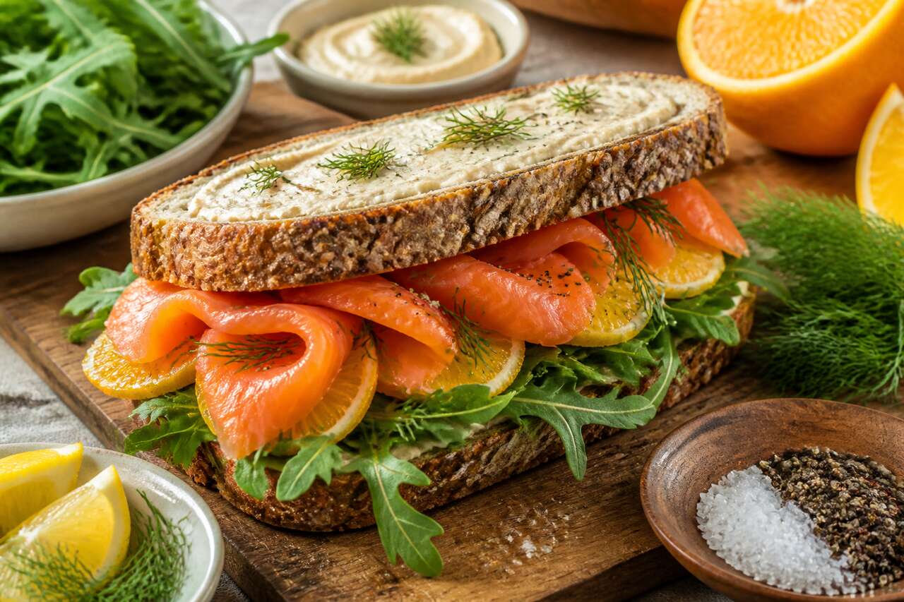 Recette de sandwichs au saumon fumé, orange et purée d'amandes