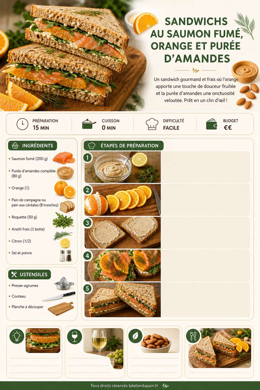 Fiche recette Recette de sandwichs au saumon fum&eacute;, orange et pur&eacute;e d'amandes