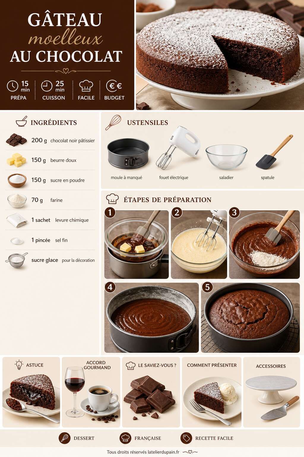 Fiche recette Recette du g&acirc;teau moelleux au chocolat