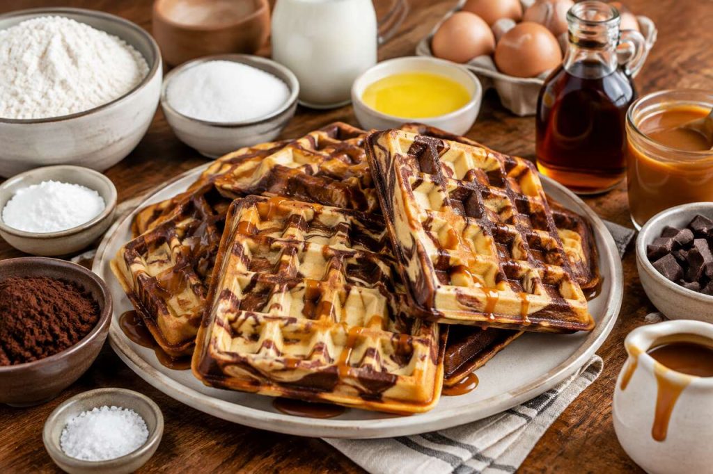 Recette de gaufres marbrées chocolat et caramel à l'érable