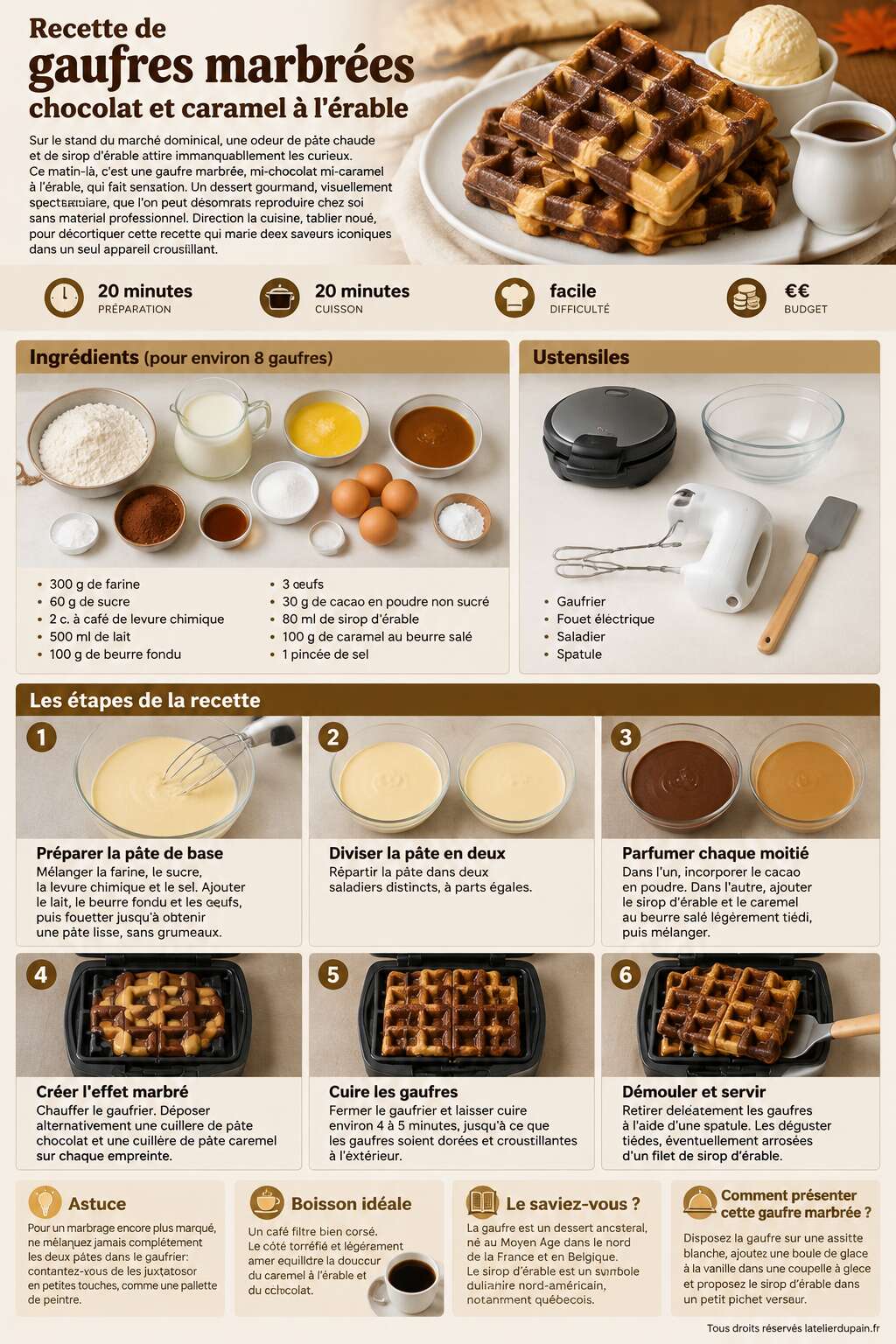 Fiche recette Recette de gaufres marbrées chocolat et caramel à l'érable Fiche recette Recette de gaufres marbrées chocolat et caramel à l'érable