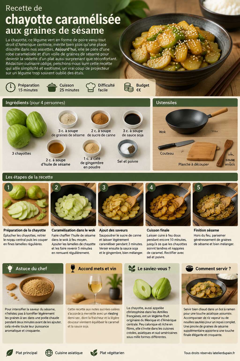 Fiche recette Recette de chayotte caramélisée aux graines de sésame Fiche recette Recette de chayotte caramélisée aux graines de sésame