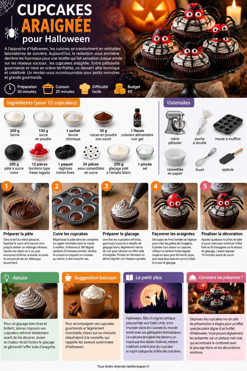 Fiche recette Recette de cupcakes araignée avec bonbons pour Halloween Fiche recette Recette de cupcakes araignée avec bonbons pour Halloween