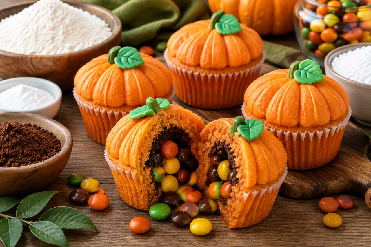 Recette de cupcakes citrouille surprise avec cœur de bonbons