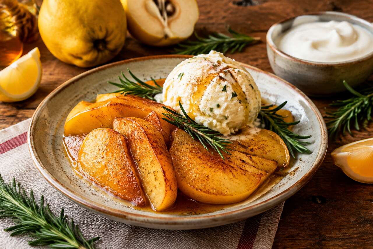 Recette de coings poêlés et glace au romarin