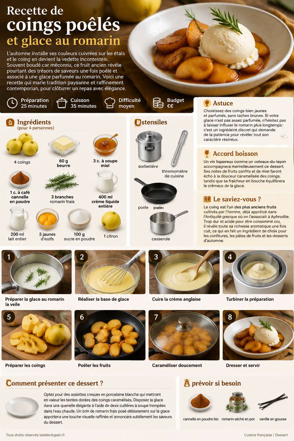 Fiche recette Recette de coings poêlés et glace au romarin Fiche recette Recette de coings poêlés et glace au romarin