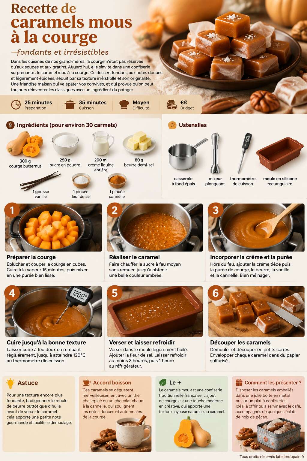 Fiche recette Recette de caramels mous &agrave; la courge fondants et irr&eacute;sistibles