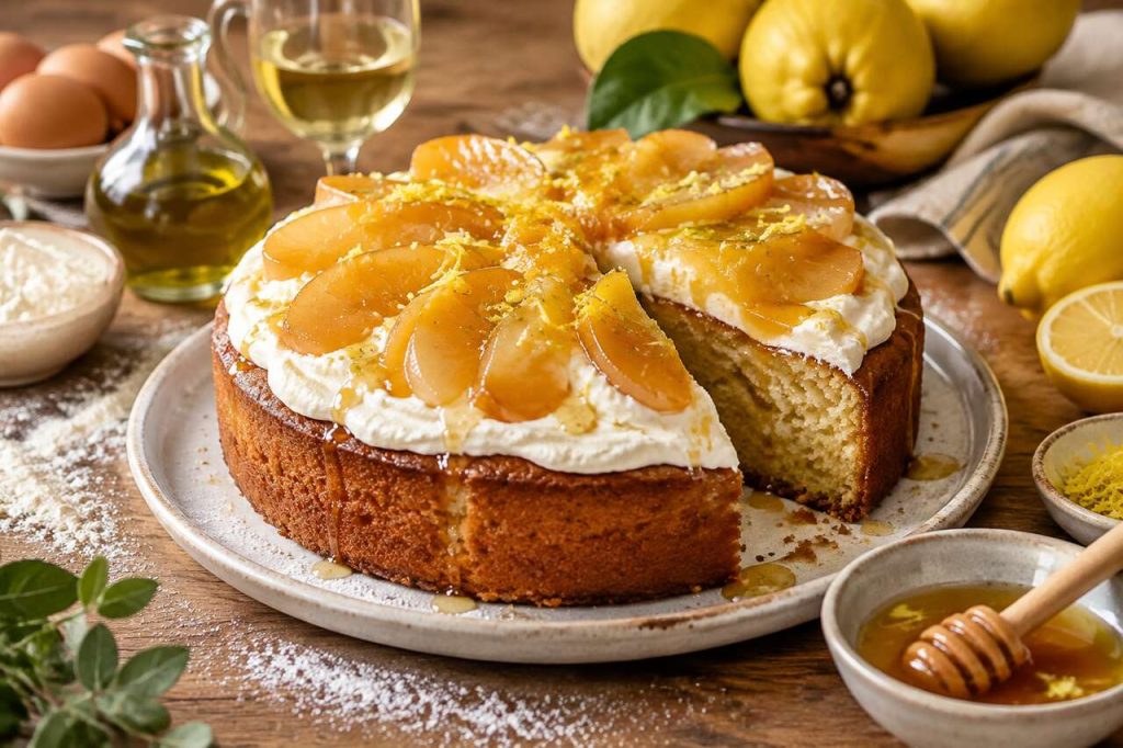 Recette du gâteau à l'huile d'olive et vin blanc, crème de mascarpone et sauce coing-miel