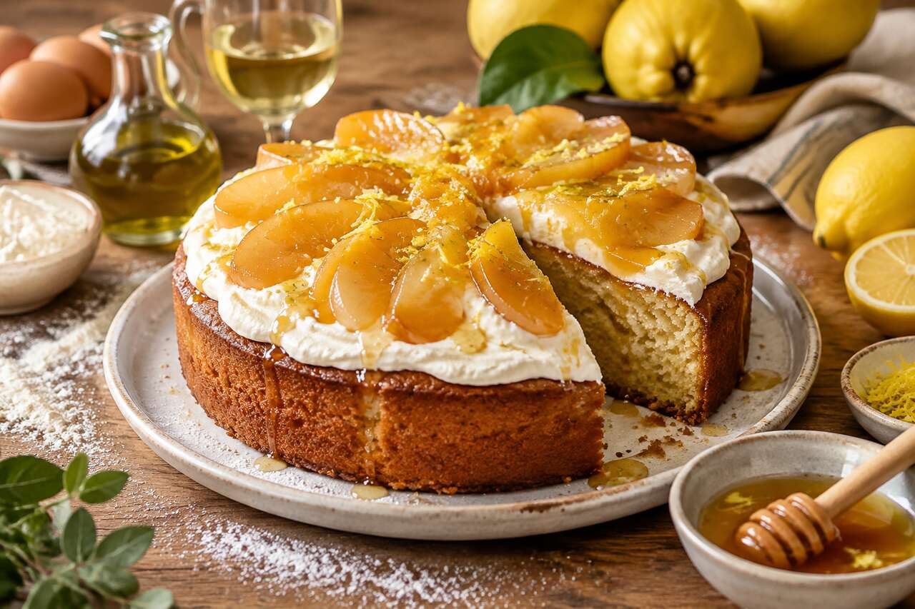 Recette du gâteau à l'huile d'olive et vin blanc, crème de mascarpone et sauce coing-miel