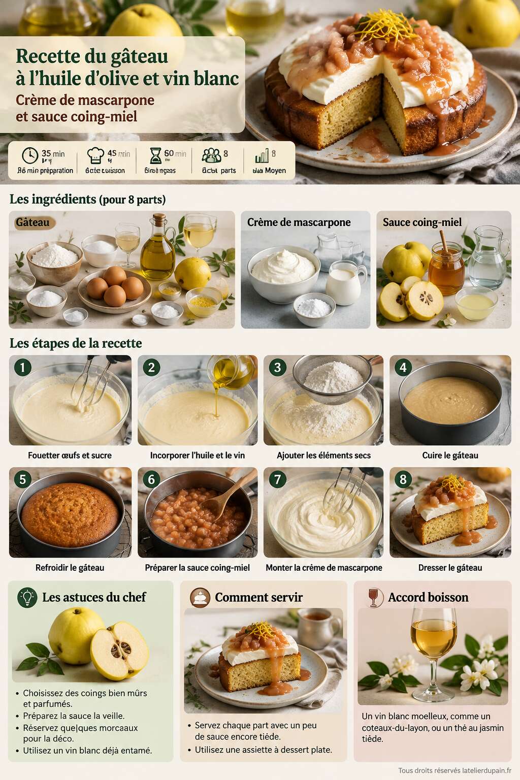 Fiche recette Recette du g&acirc;teau &agrave; l'huile d'olive et vin blanc, cr&egrave;me de mascarpone et sauce coing-miel
