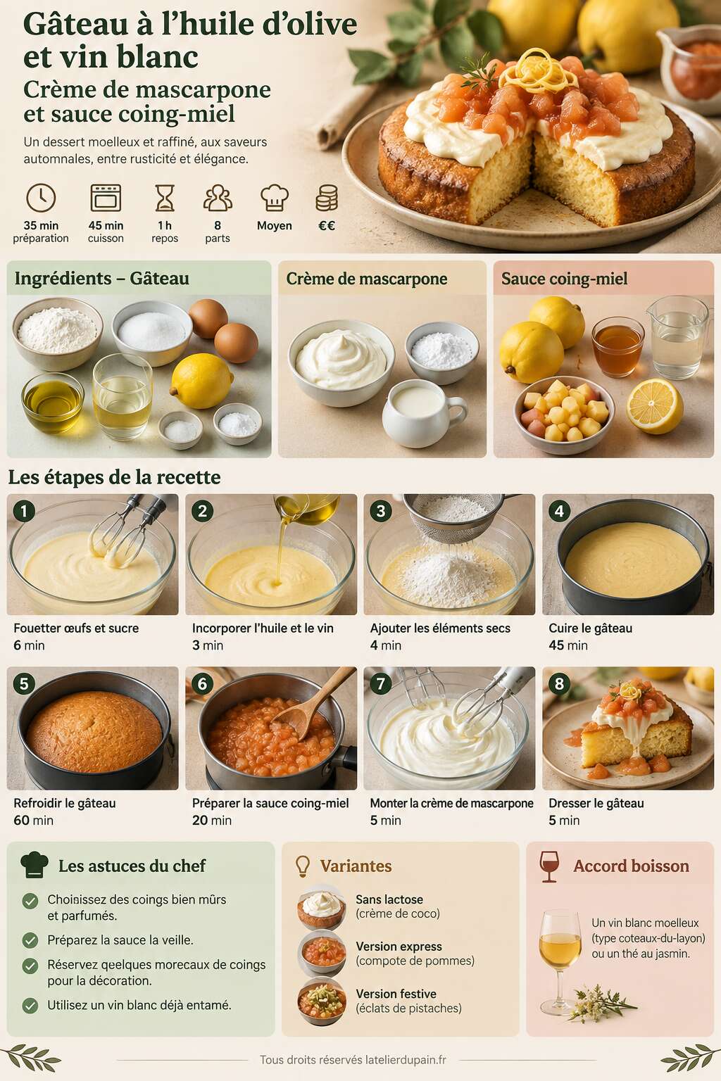Fiche recette Recette du gâteau à l'huile d'olive et vin blanc, crème de mascarpone et sauce coing-miel Fiche recette Recette du gâteau à l'huile d'olive et vin blanc, crème de mascarpone et sauce coing-miel