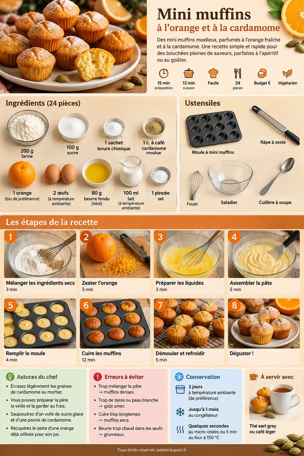Fiche recette Recette de mini muffins à l'orange et à la cardamome Fiche recette Recette de mini muffins à l'orange et à la cardamome