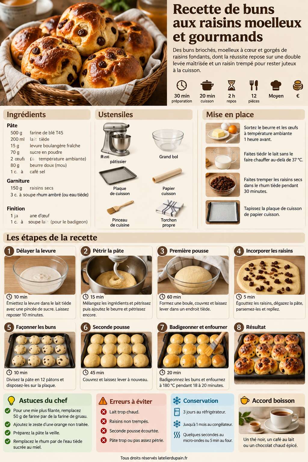 Fiche recette Recette de buns aux raisins moelleux et gourmands Fiche recette Recette de buns aux raisins moelleux et gourmands