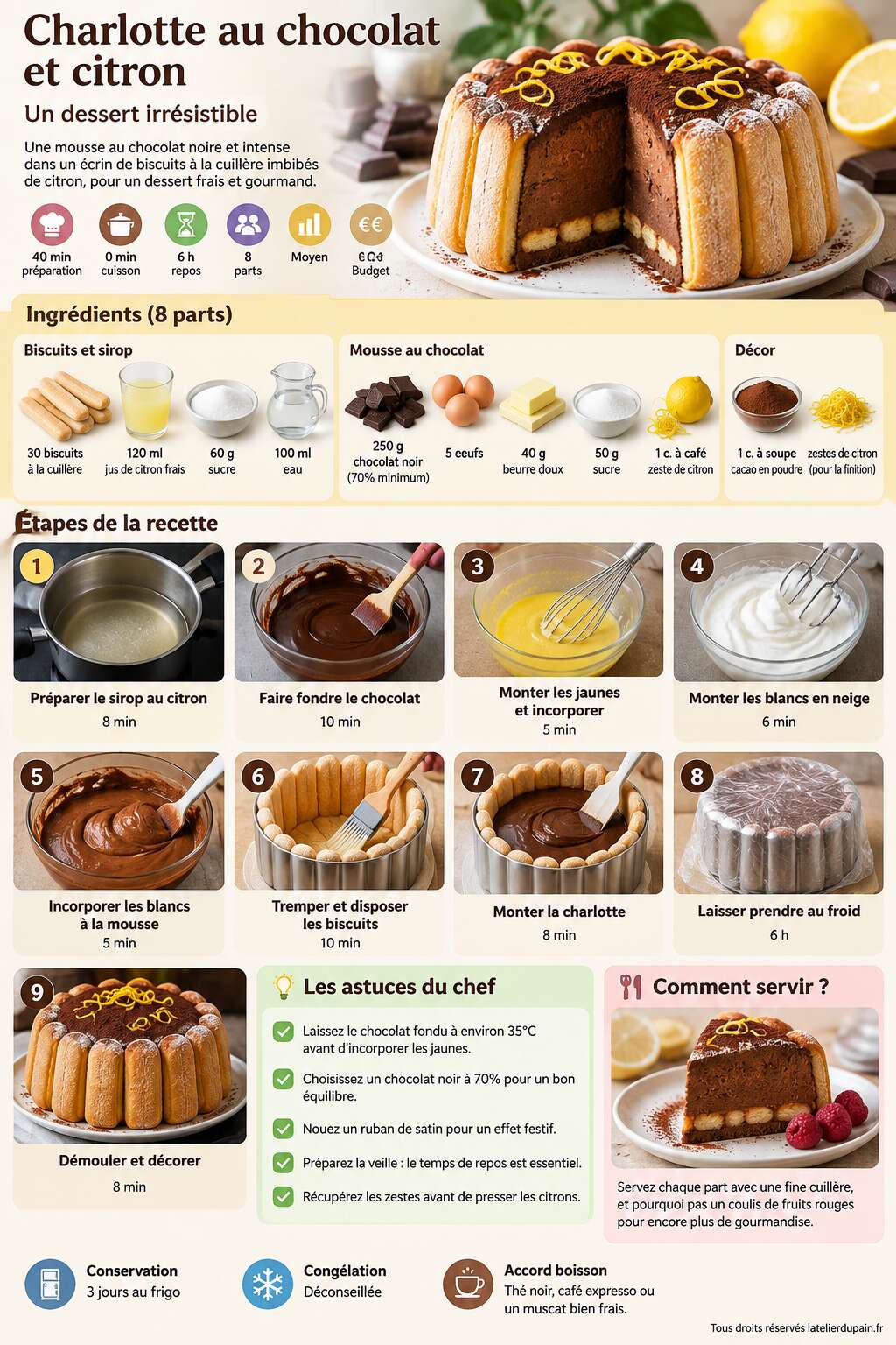Fiche recette Recette de charlotte au chocolat et citron : un dessert irr&eacute;sistible