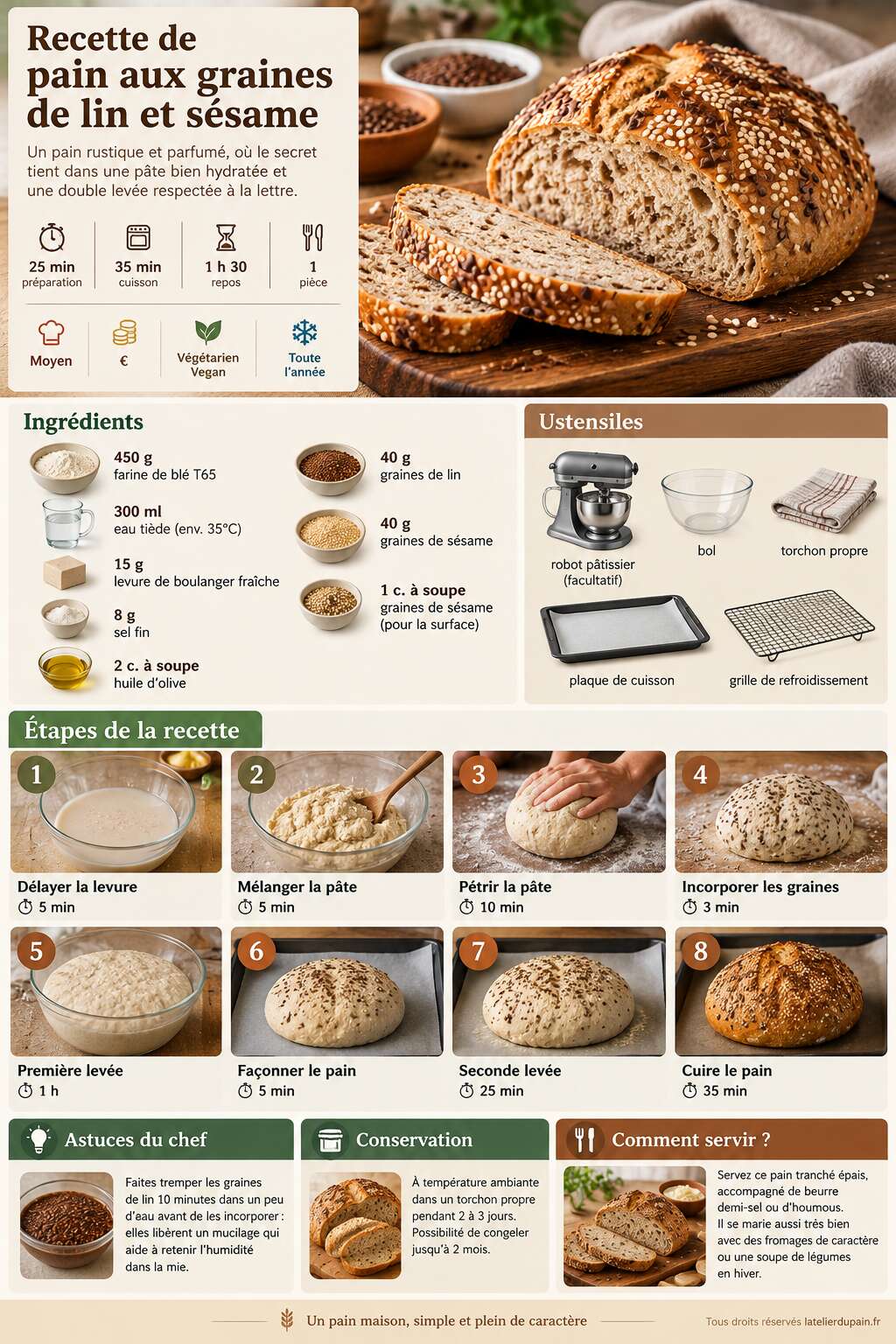 Fiche recette Recette de pain aux graines de lin et s&eacute;same