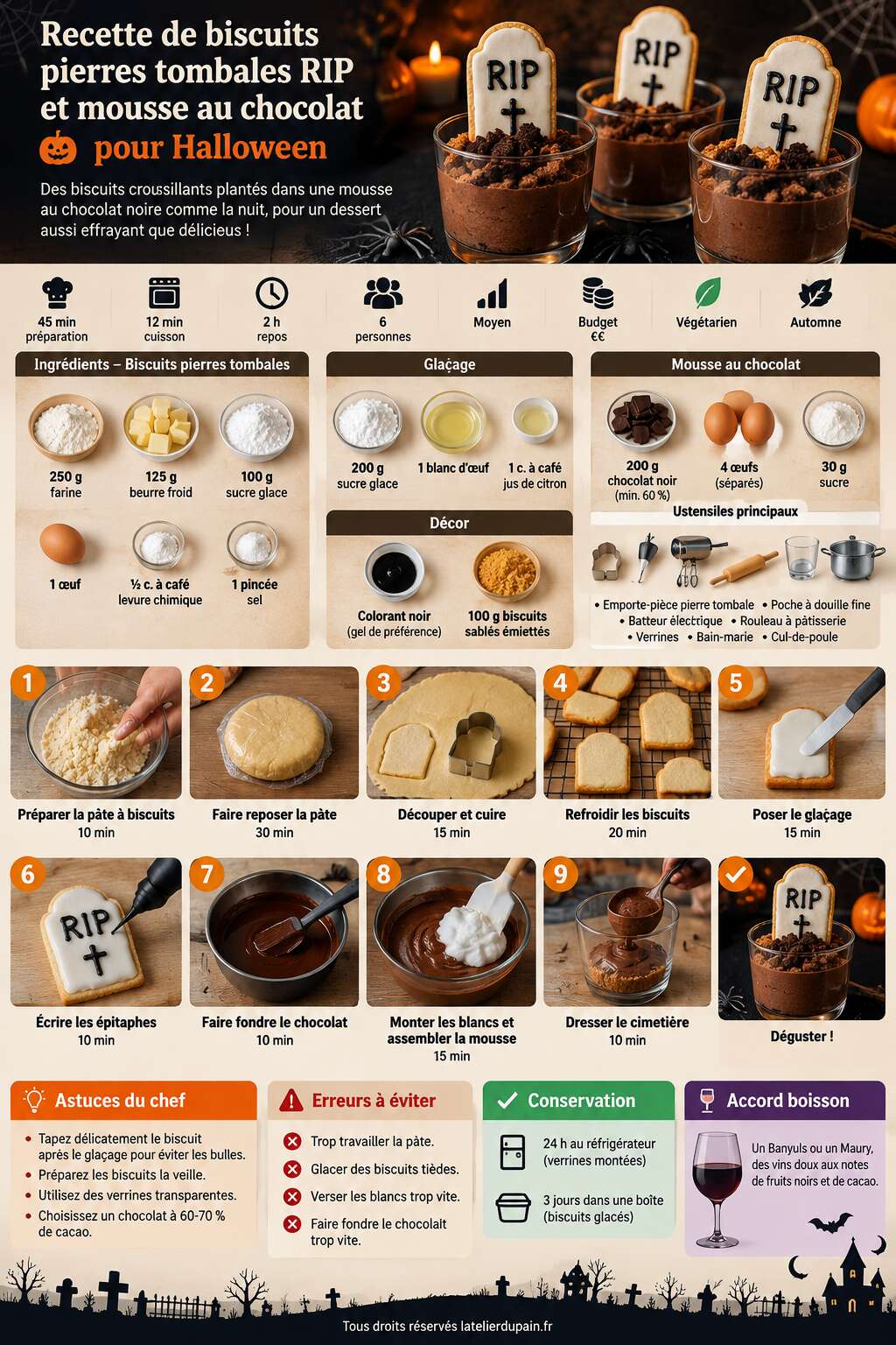 Fiche recette Recette de biscuits pierres tombales RIP et mousse au chocolat pour Halloween Fiche recette Recette de biscuits pierres tombales RIP et mousse au chocolat pour Halloween