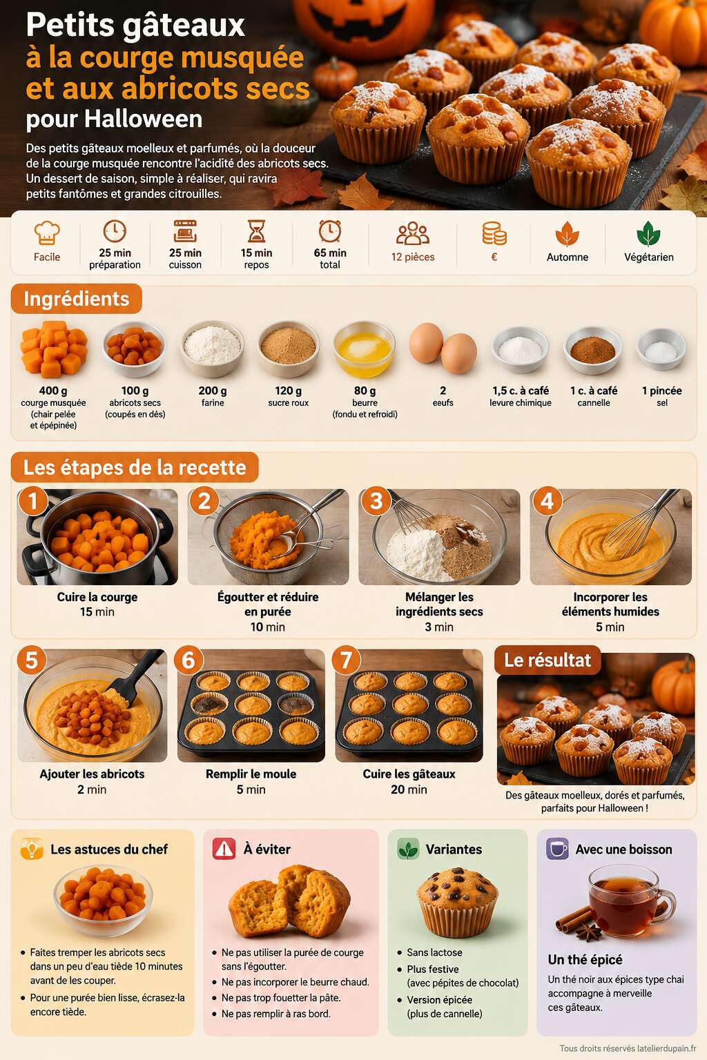 Fiche recette Recette de petits g&acirc;teaux &agrave; la courge musqu&eacute;e et aux abricots secs pour Halloween