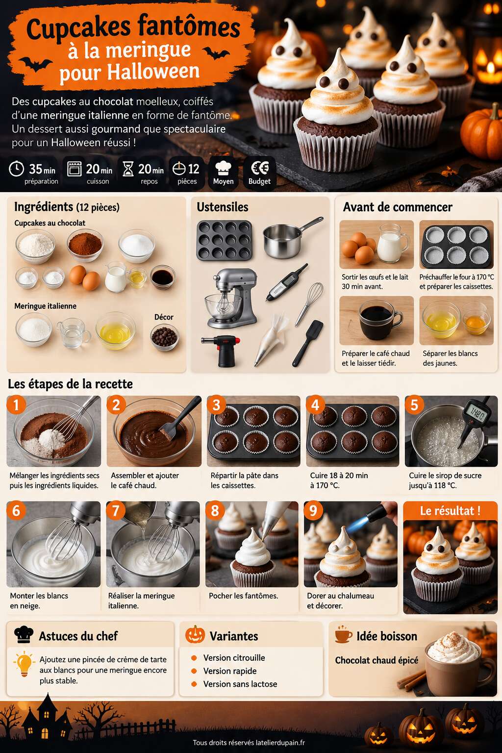 Fiche recette Recette de cupcakes fant&ocirc;mes &agrave; la meringue pour Halloween