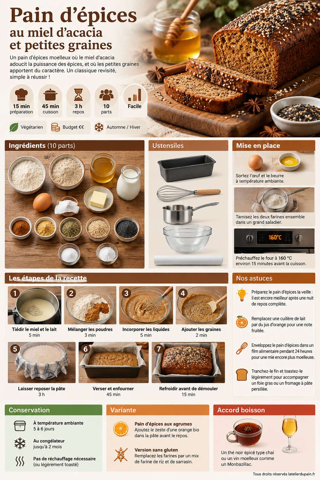 Fiche recette Recette de pain d'&eacute;pices au miel d'acacia et petites graines