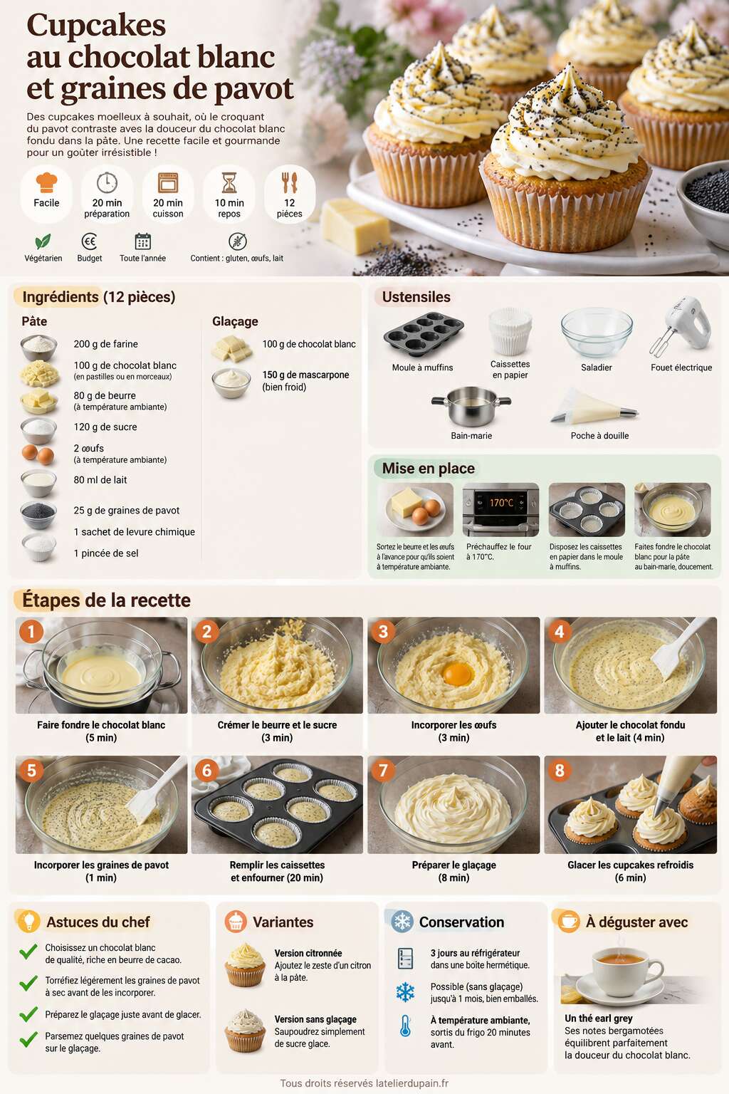 Fiche recette Recette de cupcakes au chocolat blanc et graines de pavot