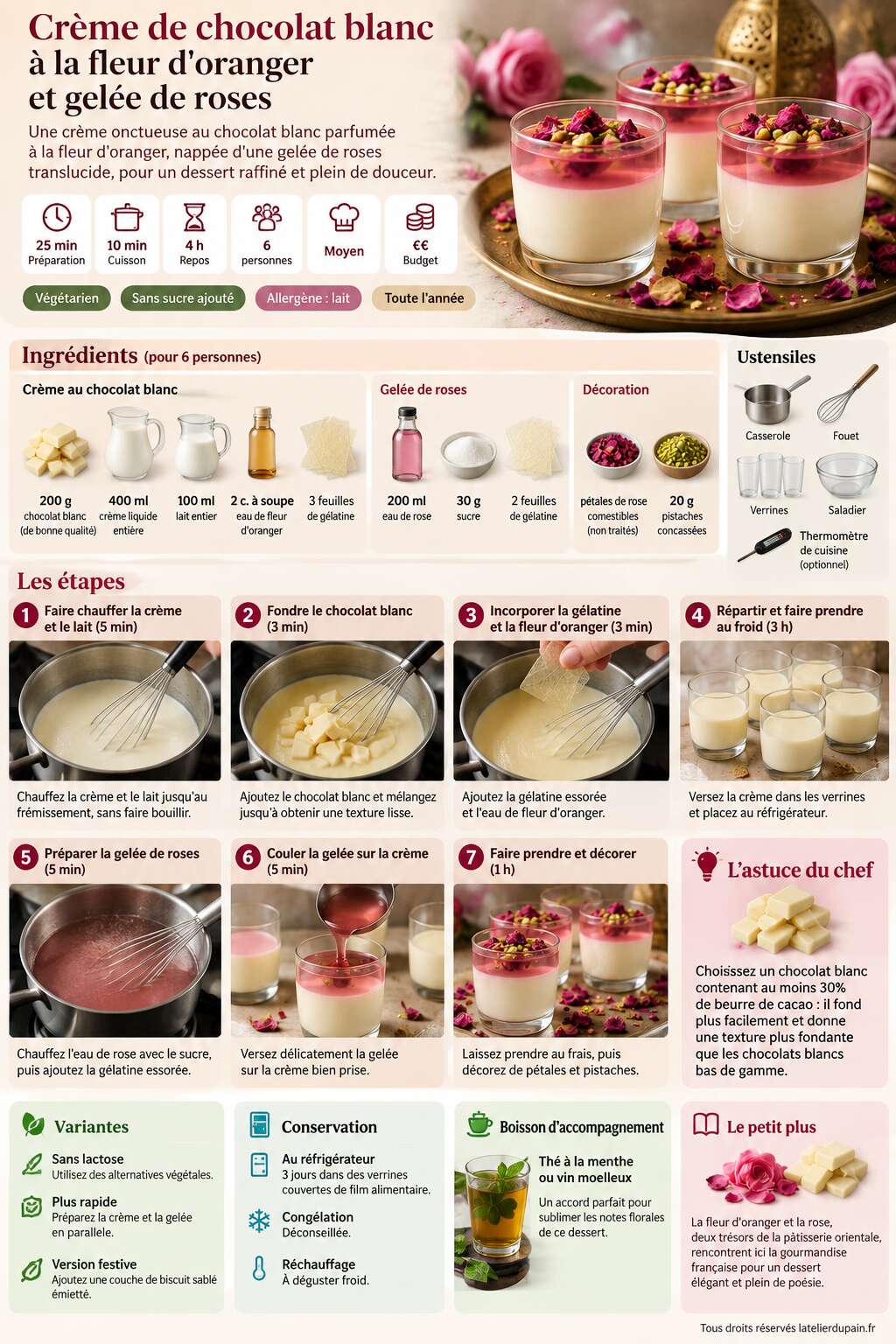 Fiche recette Recette de cr&egrave;me de chocolat blanc &agrave; la fleur d'oranger et gel&eacute;e de roses