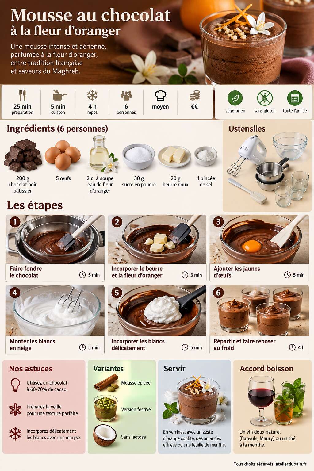 Fiche recette Recette de mousse au chocolat à la fleur d'oranger Fiche recette Recette de mousse au chocolat à la fleur d'oranger