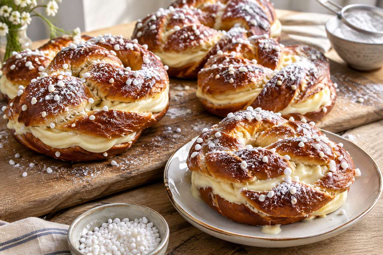 Recette de bretzels sucrés au flan et crème pâtissière