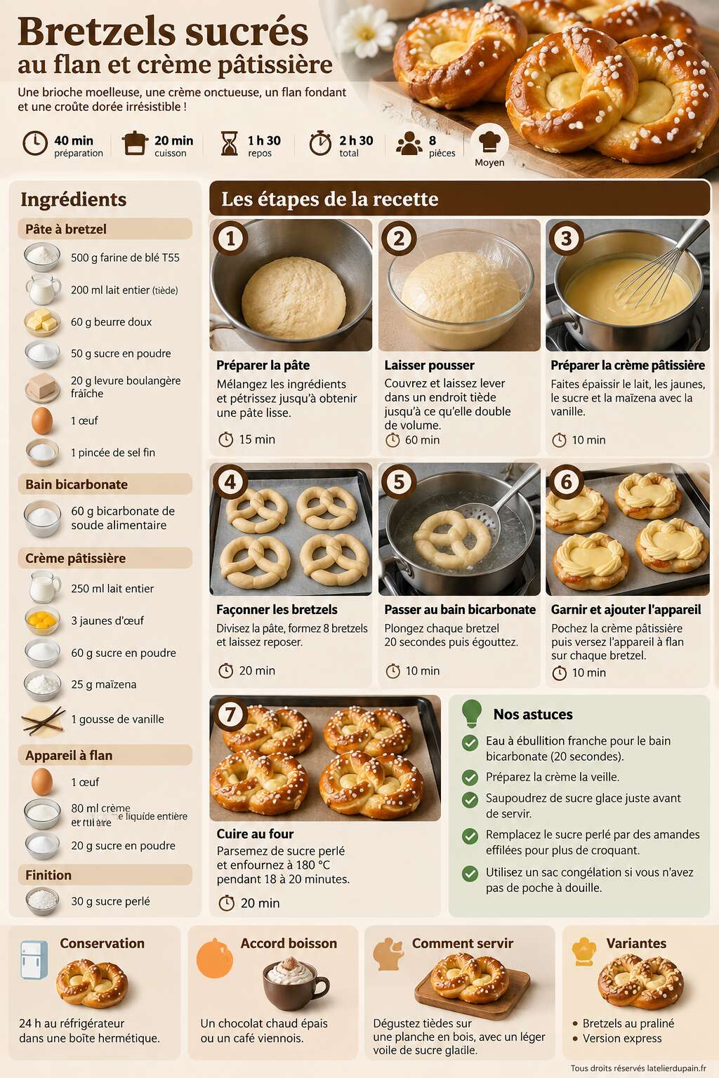 Fiche recette Recette de bretzels sucr&eacute;s au flan et cr&egrave;me p&acirc;tissi&egrave;re
