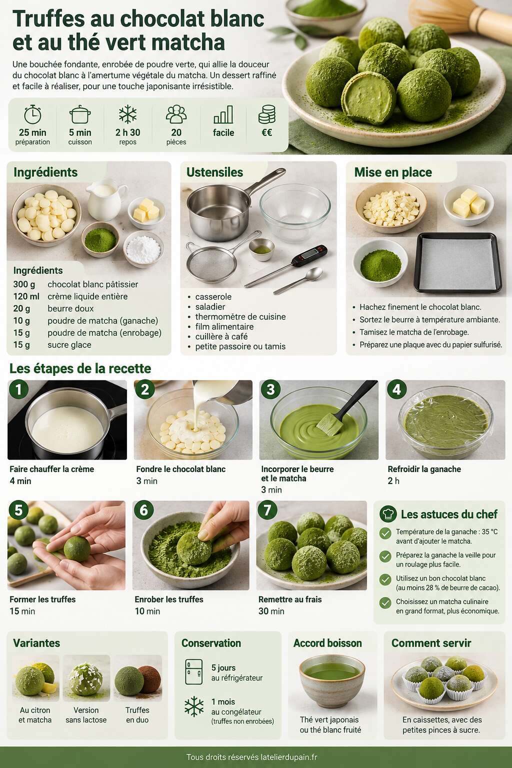 Fiche recette Recette de truffes au chocolat blanc et au thé vert matcha Fiche recette Recette de truffes au chocolat blanc et au thé vert matcha